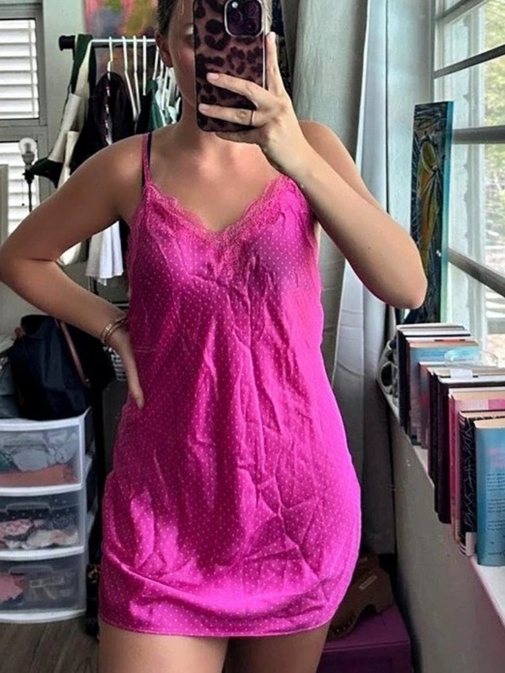 Victoria Secret pink lace polka dot mini silk dress
